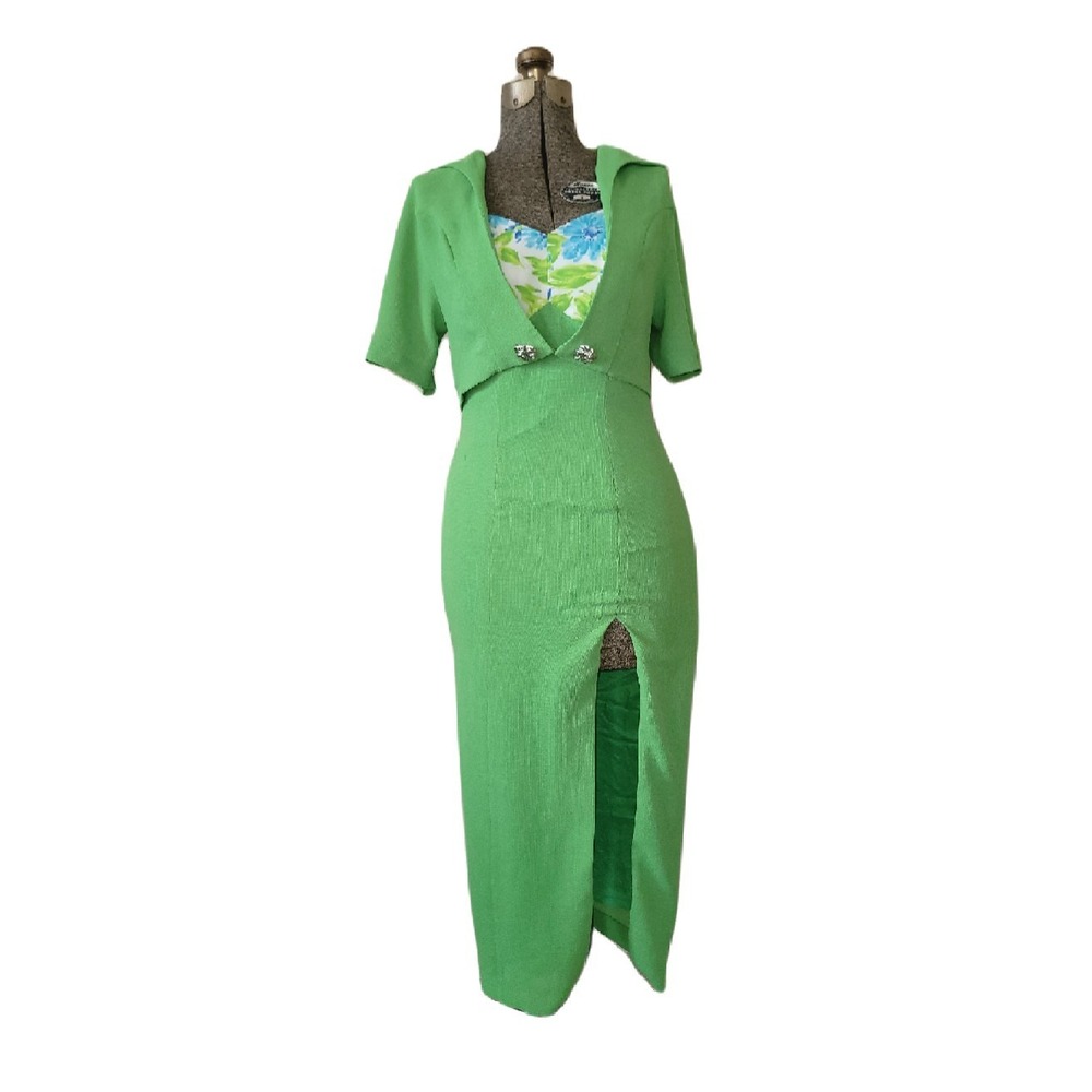 Vintage 60s Green Floral Midi Maxi‎ Dress Bolero Top S/M Japanese Chinese